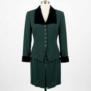 Vintage Dawn Joy 2 Piece Skirt Suit Green Black Velvet Trim Size 5/6 Stunning!